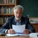 Professeur agrégé quinquagénaire examinant des documents de retraite anticipée à son bureau scolaire