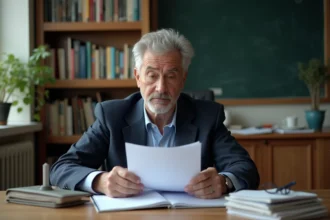 Professeur agrégé quinquagénaire examinant des documents de retraite anticipée à son bureau scolaire