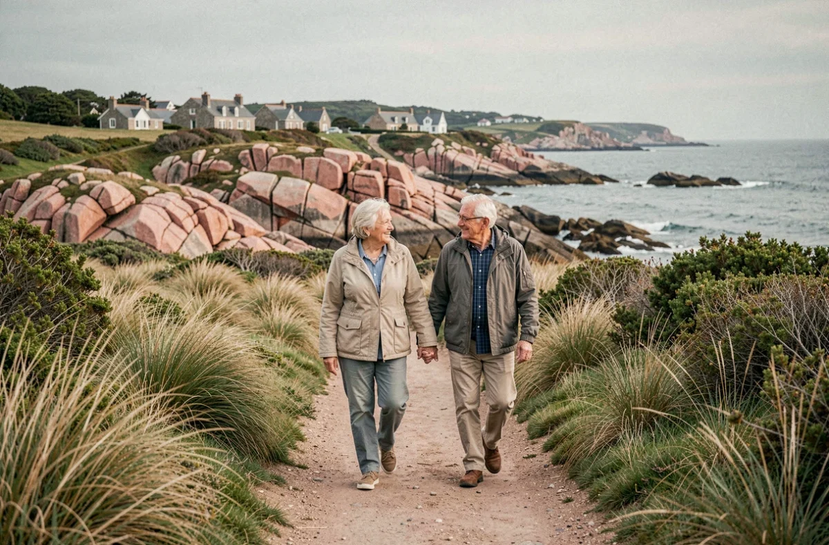 Résidence autonomie du Launay à Pleubian : un couple de seniors se promène sur le sentier côtier près de la résidence en Bretagne