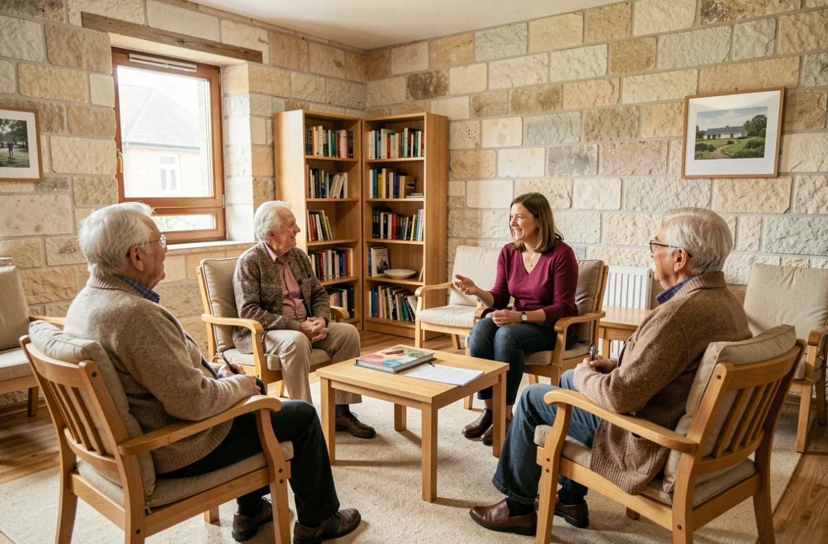Résidence autonomie Jean Marie de La Mennais à Saint-Brieuc : des résidents seniors participent à un atelier collectif animé dans la salle commune
