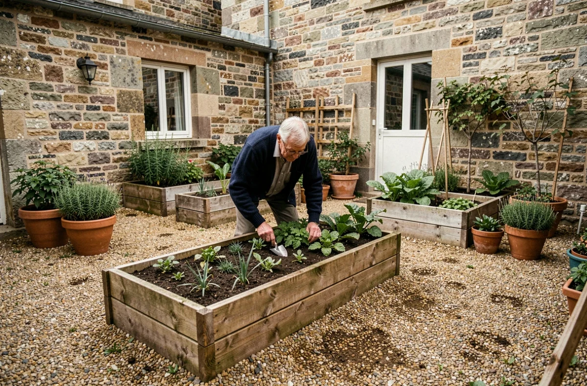 Résidence autonomie Le Pavillon à Quintin : un résident senior entretient le jardin potager dans la cour intérieure de la résidence