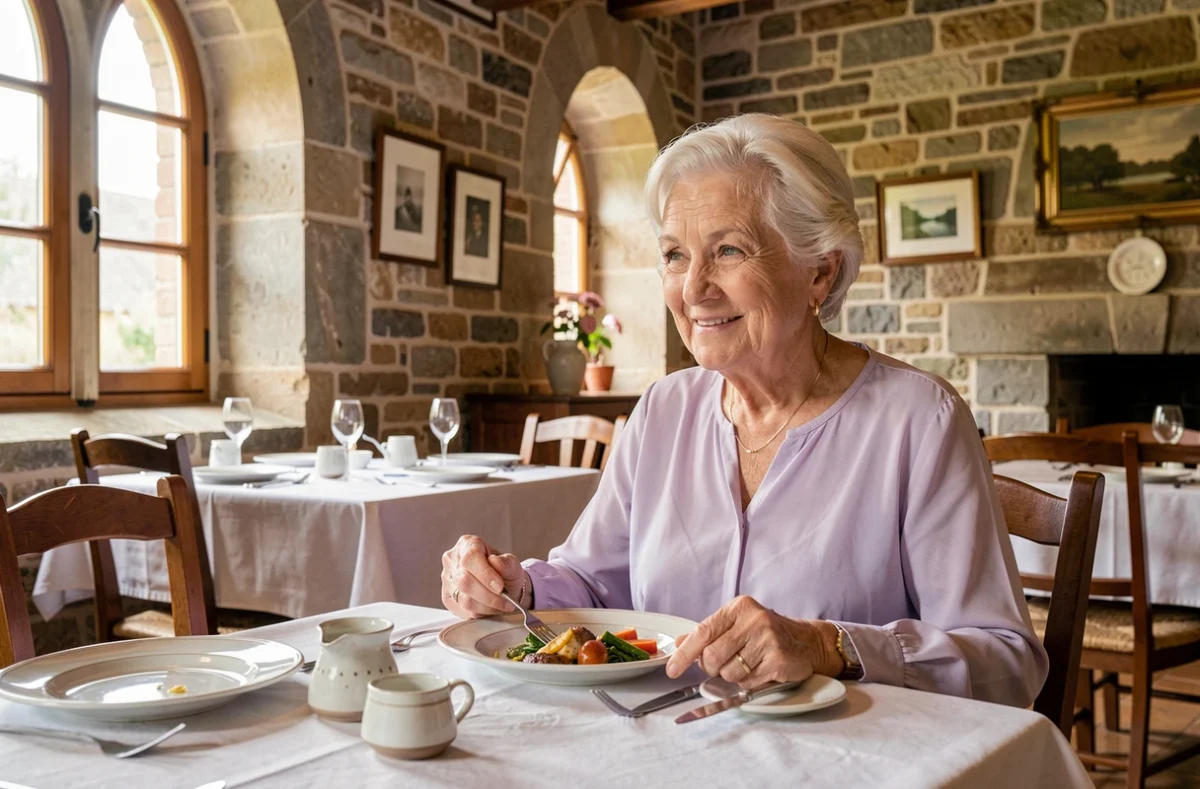 Résidence Jeanne Jugan à Dinan : une résidente âgée prend son repas dans la salle à manger de caractère aux murs en pierre de la résidence