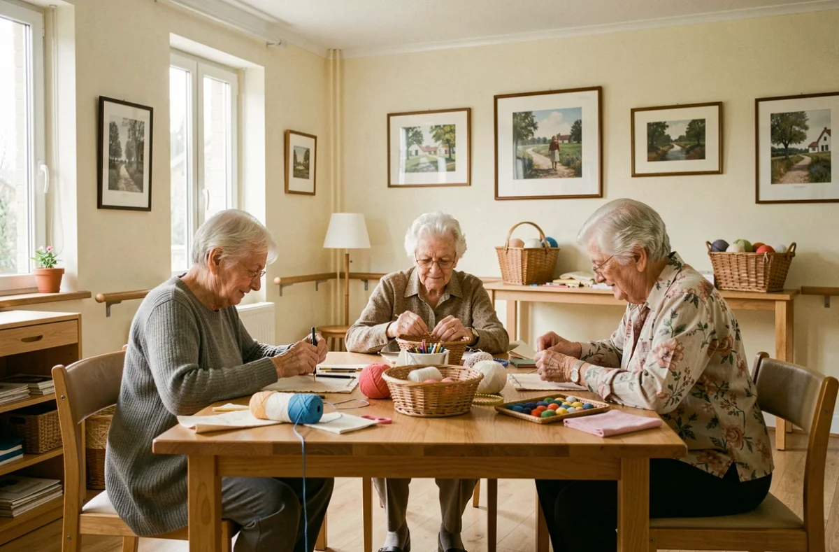 Résidence La Horaine à Langueux : des résidentes seniors participent à un atelier créatif dans la salle d'activités de la résidence