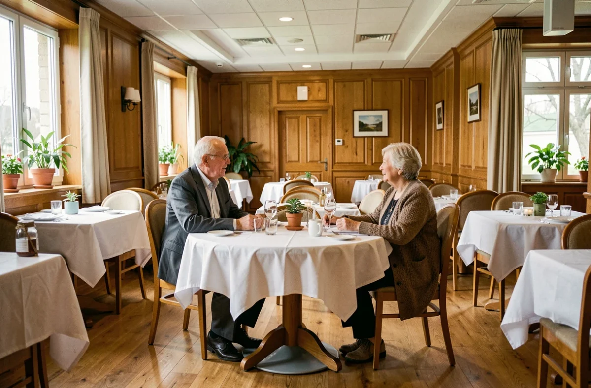 Le Clos d'Armor à Saint-Brieuc : deux résidents seniors partagent un repas dans la salle à manger conviviale de la résidence