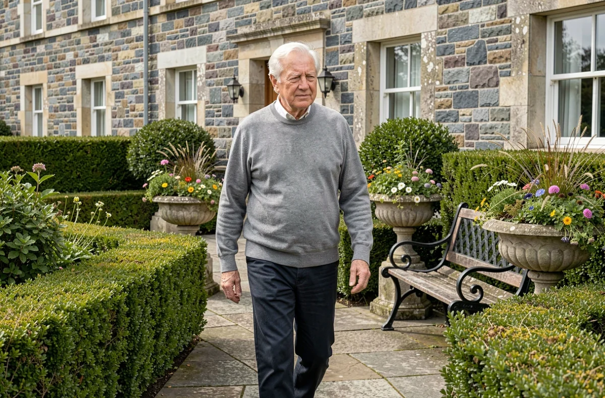 Le Griffon d'Or à Saint-Brieuc : un résident âgé se promène dans le jardin aménagé de la résidence seniors