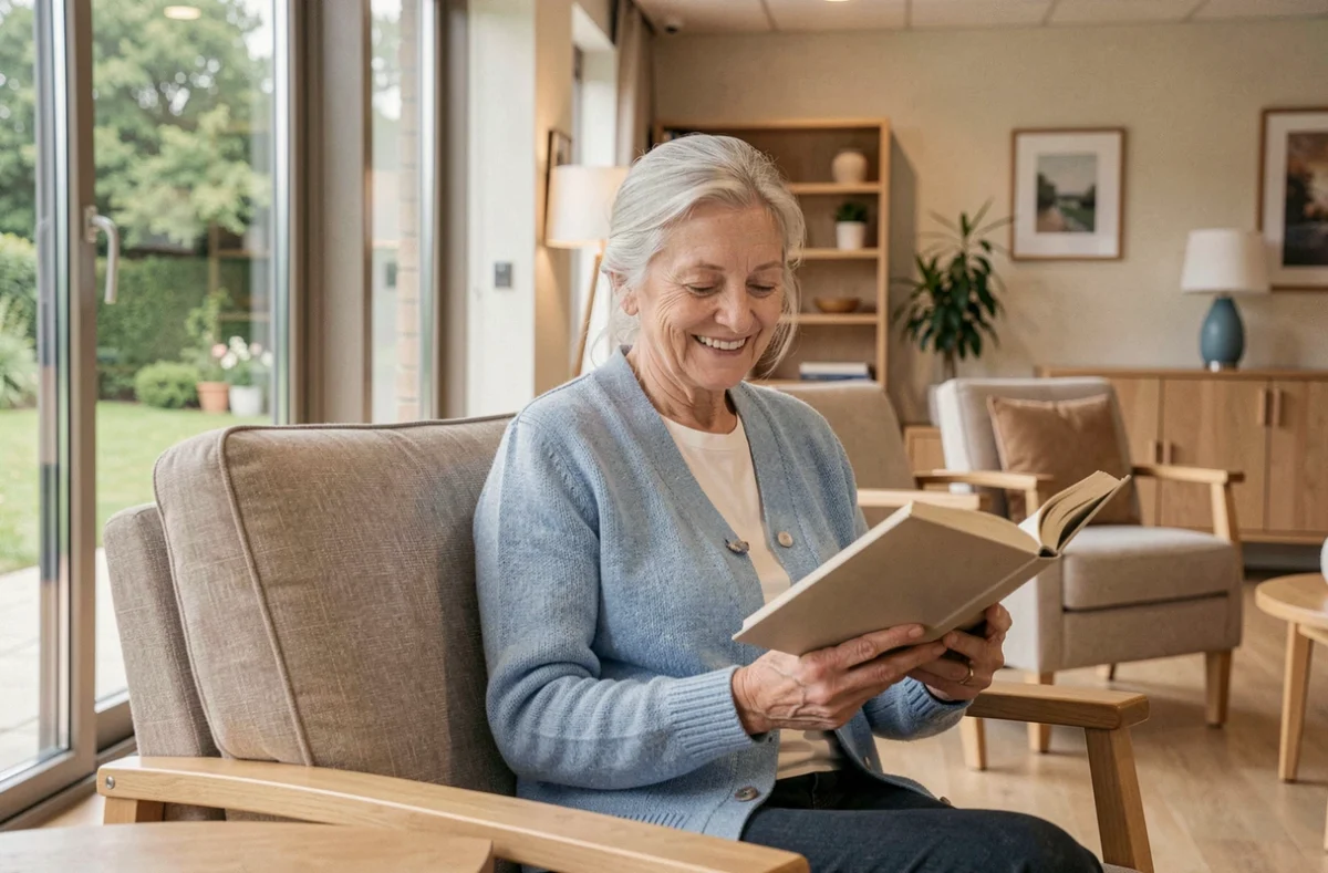 Résidence Margot à Ploufragan : une résidente âgée se détend dans le salon commun moderne de la résidence seniors