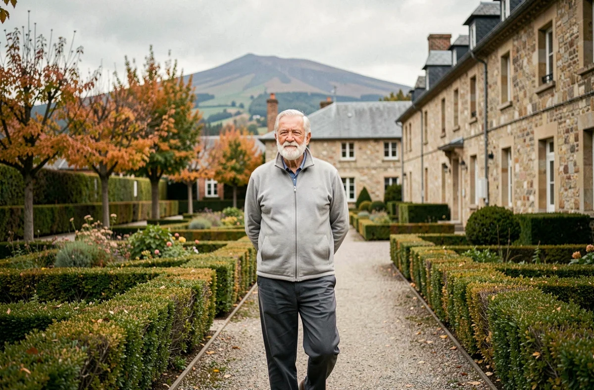 Homme senior se promenant sereinement dans le jardin aménagé d'une résidence pour personnes âgées dans le Puy-de-Dôme avec les collines auvergnates en arrière-plan