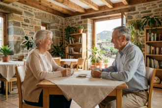 Deux résidents seniors souriants discutant autour d'un thé dans le salon commun d'une résidence senior du Puy-de-Dôme aux murs en pierre volcanique