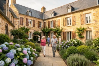 Résidence seniors en Bretagne avec des personnes âgées se promenant dans un jardin fleuri typique des Côtes-d'Armor