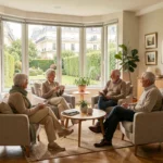 Seniors en conversation dans le salon commun d'une résidence senior moderne en Île-de-France