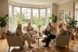 Seniors en conversation dans le salon commun d'une résidence senior moderne en Île-de-France