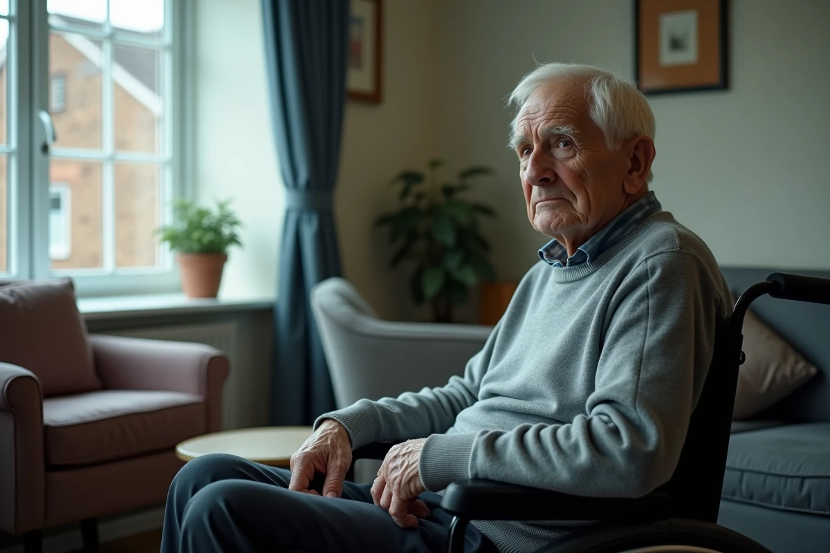 Résident âgé en fauteuil roulant dans un salon commun d'EHPAD, signe d'alerte sur l'isolement et la qualité de vie