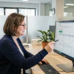 Responsable d'une structure d'aide sociale utilisant le logiciel Logifil sur un écran d'ordinateur dans un bureau moderne