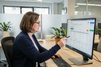 Responsable d'une structure d'aide sociale utilisant le logiciel Logifil sur un écran d'ordinateur dans un bureau moderne