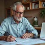 Homme de 58 ans consultant ses documents de retraite complémentaire Agirc-Arrco à domicile
