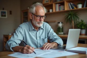 Homme de 58 ans consultant ses documents de retraite complémentaire Agirc-Arrco à domicile