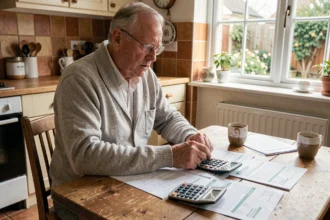 Retraité étudiant ses relevés de pension Agirc Arrco avec une calculatrice sur une table en bois