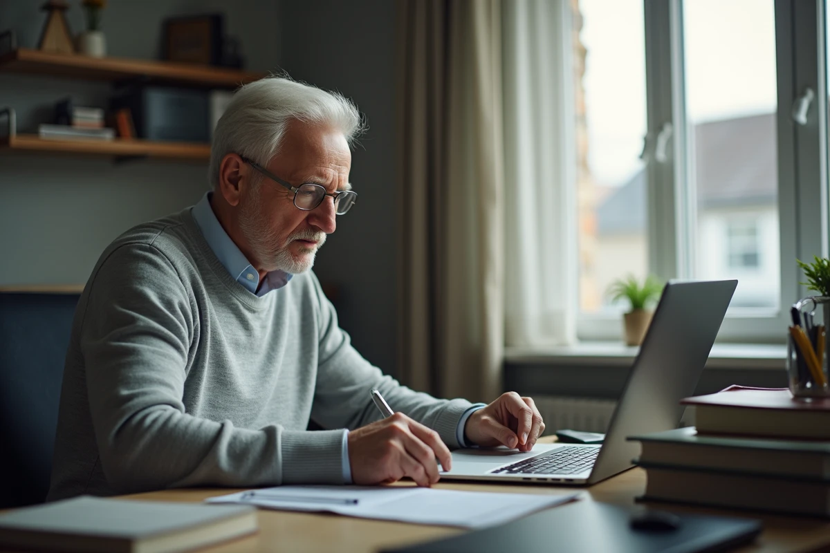 Homme retraité d'environ 70 ans étudiant sa déclaration d'impôts sur un ordinateur portable dans son bureau à domicile