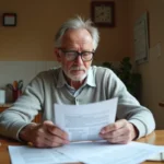 Retraité lisant des documents fiscaux à sa table de cuisine, illustrant les inquiétudes liées à une nouvelle taxe pour les retraités en 2026