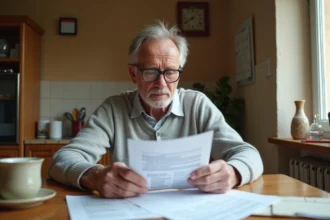 Retraité lisant des documents fiscaux à sa table de cuisine, illustrant les inquiétudes liées à une nouvelle taxe pour les retraités en 2026