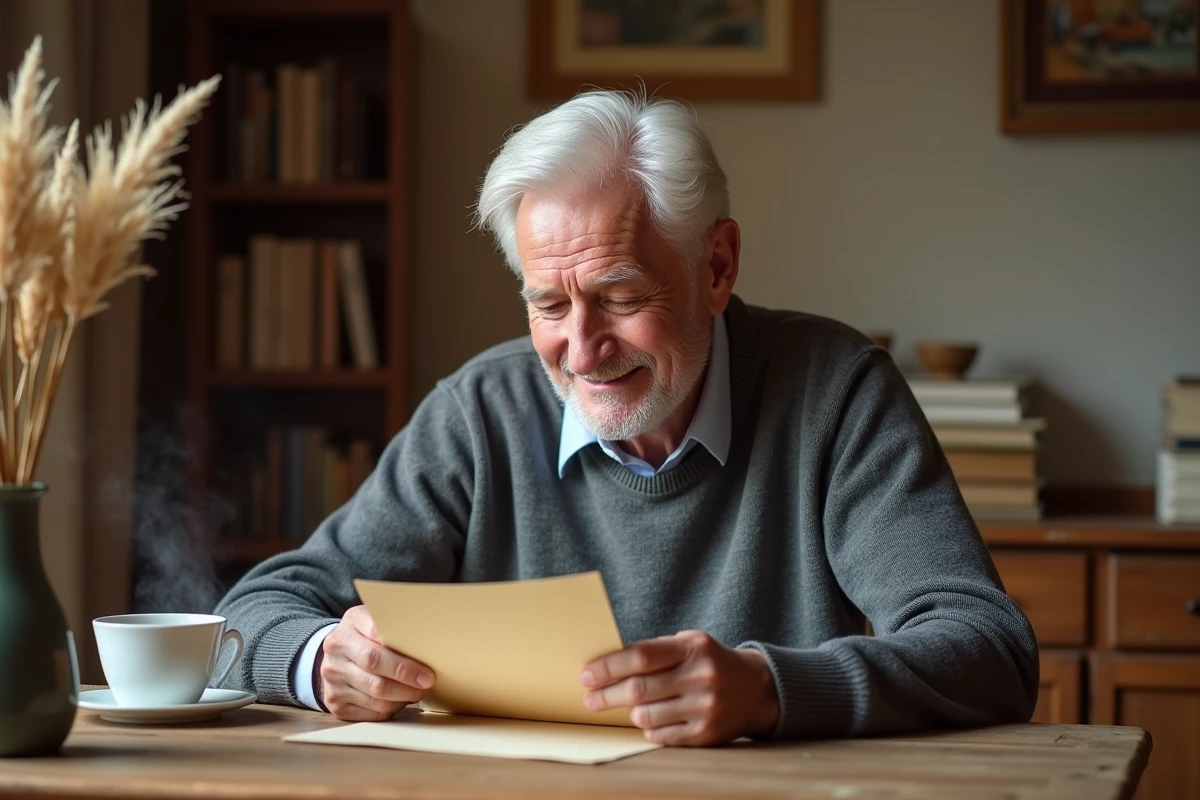 Homme âgé ému lisant une lettre touchante écrite à la main pour célébrer son départ à la retraite
