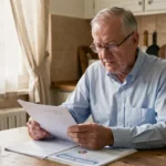 Retraité du secteur privé examinant ses documents de pension à la table de cuisine en 2026
