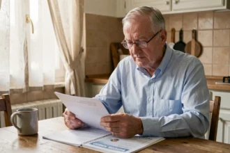Retraité du secteur privé examinant ses documents de pension à la table de cuisine en 2026