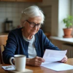 Retraitée consultant ses documents de pension Agirc-Arrco à la maison en 2026