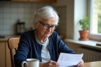 Retraitée consultant ses documents de pension Agirc-Arrco à la maison en 2026