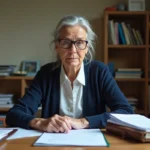 Femme retraitée de l'éducation nationale relisant des documents administratifs sur l'âge de départ à la retraite à son bureau à domicile