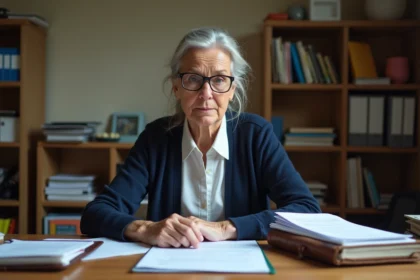 Femme retraitée de l'éducation nationale relisant des documents administratifs sur l'âge de départ à la retraite à son bureau à domicile