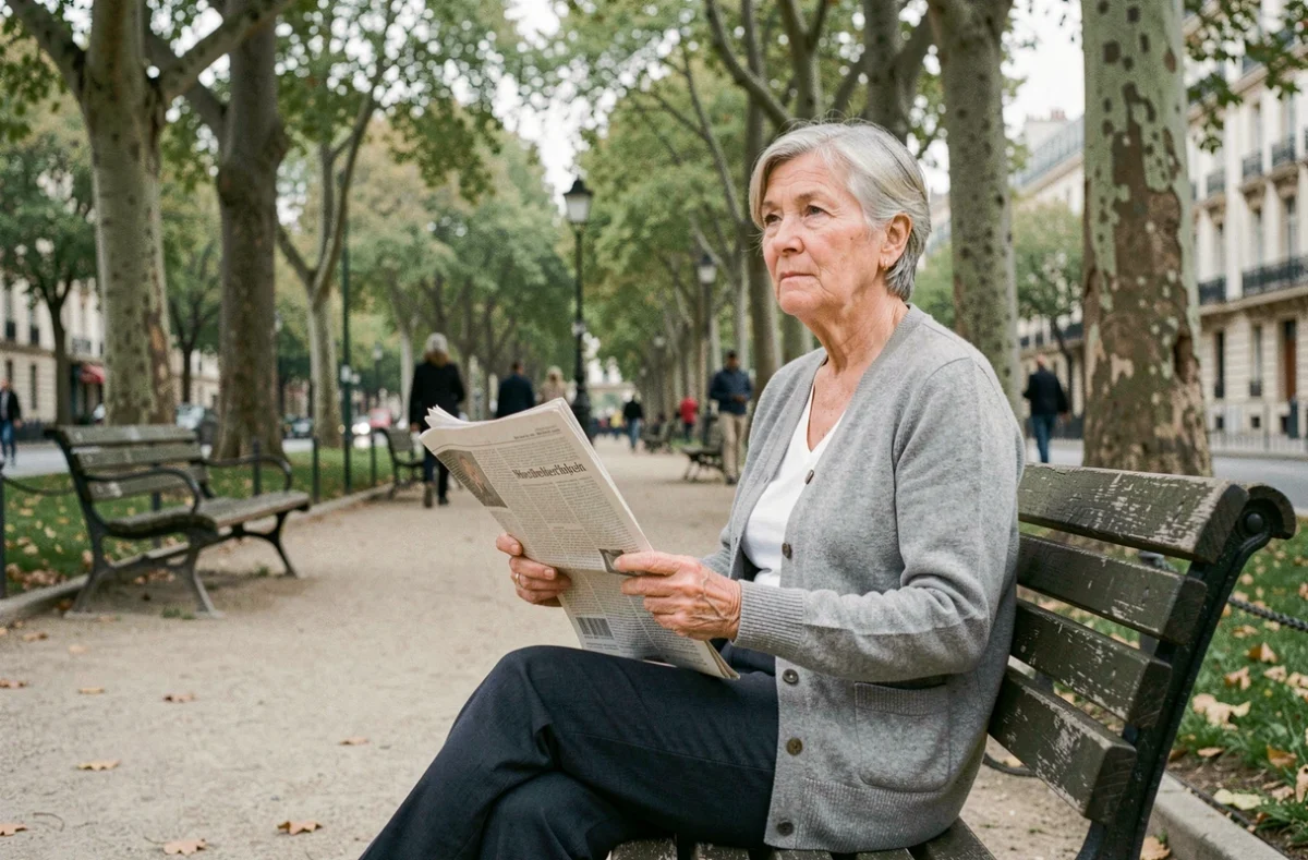 Retraitée du privé lisant le journal dans un parc urbain français, revalorisation retraite 2026