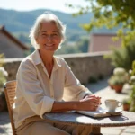 Femme retraitée souriante dans un café en terrasse