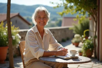 Femme retraitée souriante dans un café en terrasse