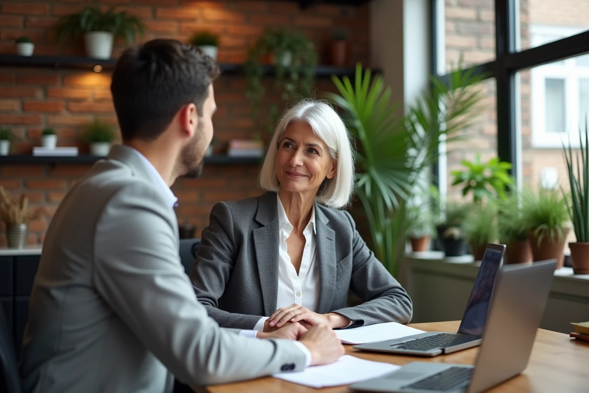 Consultante senior en réunion avec client dans espace coworking