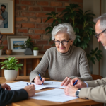 Femme âgée avec famille examine documents immobiliers