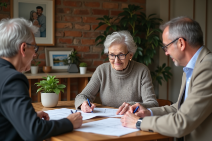 Femme âgée avec famille examine documents immobiliers
