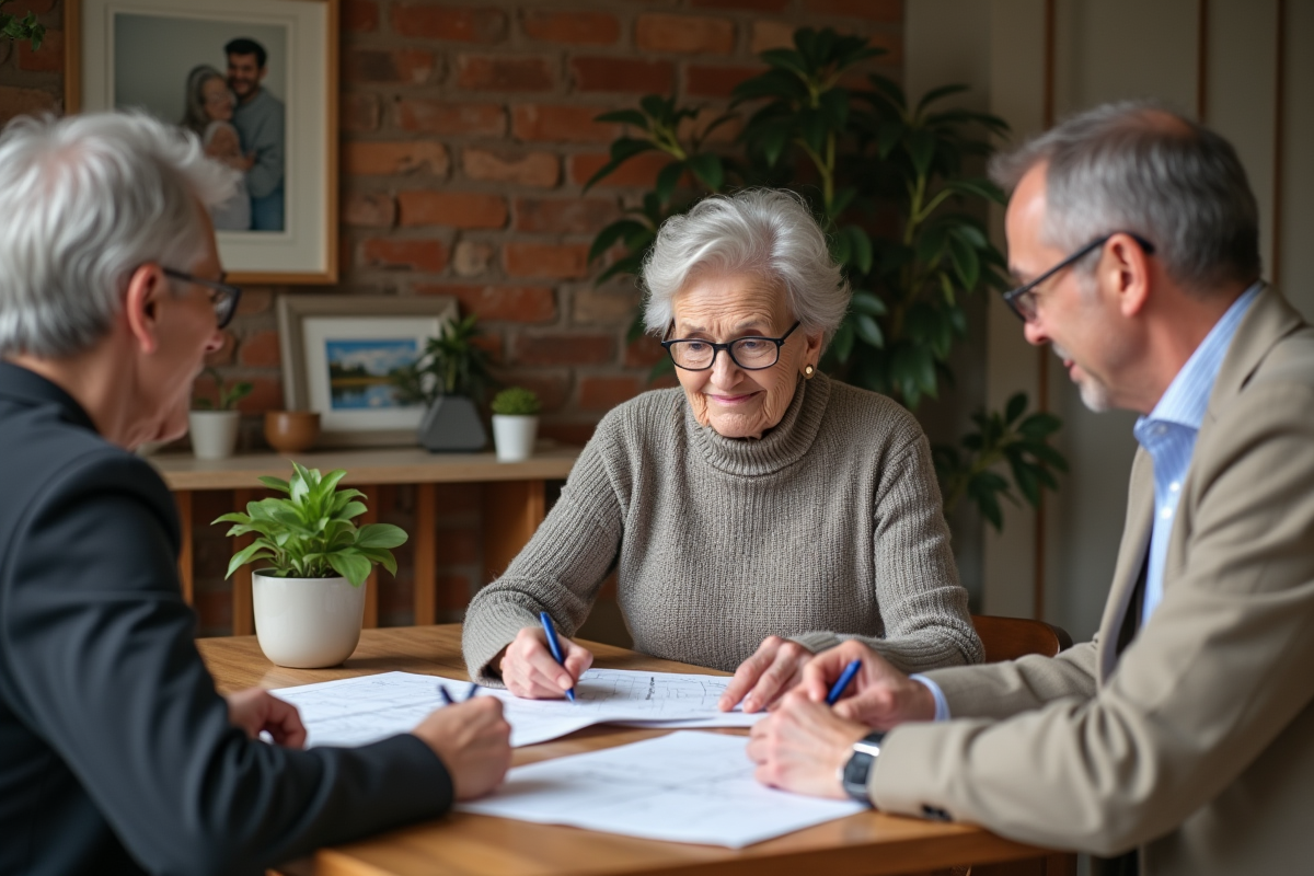 Femme âgée avec famille examine documents immobiliers