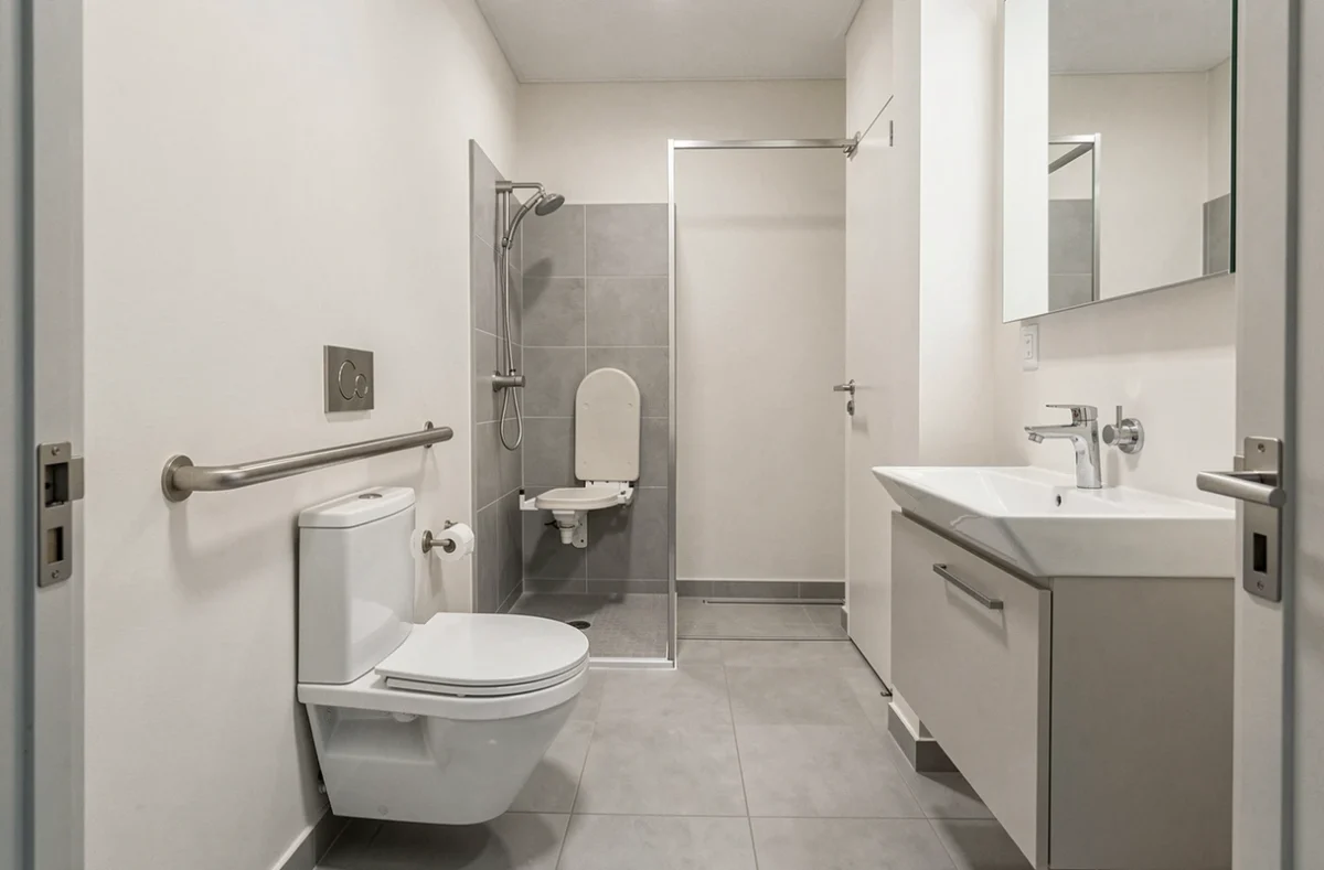Vue d'ensemble d'une salle de bain PMR équipée avec barre de maintien WC sur cloison en plaque de plâtre, siège de douche rabattable et espace accessible en fauteuil roulant