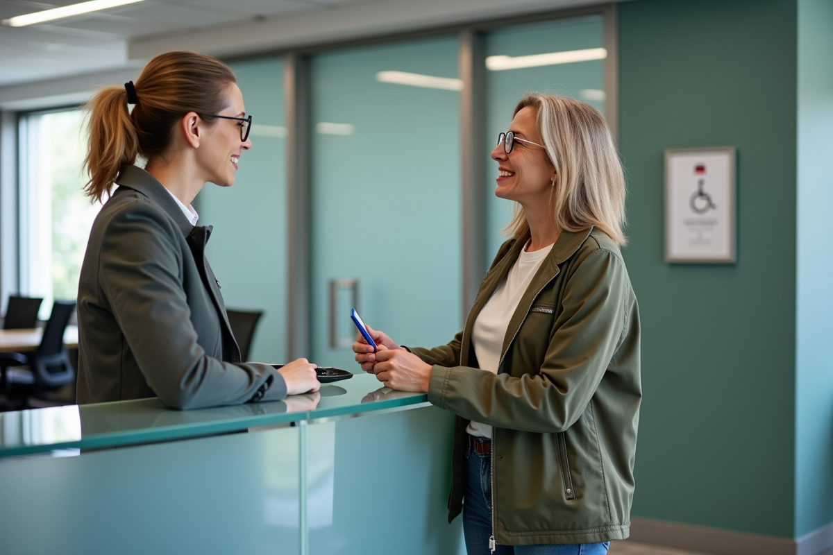 Femme parle avec une receptionniste dans un bureau moderne