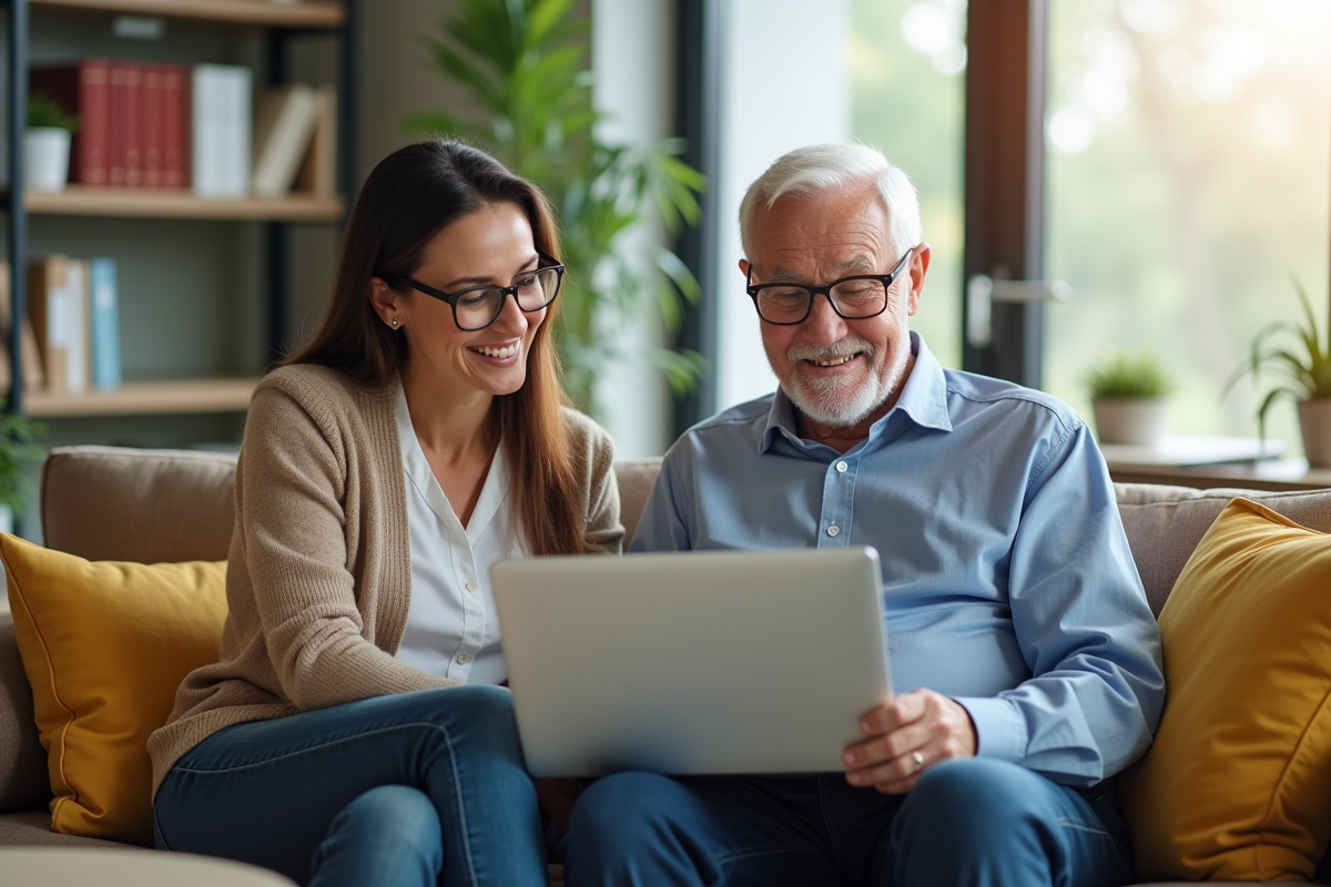Homme âgé avec une assistante sociale dans un bureau lumineux