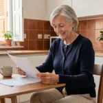 Femme senior autonome consultant des documents d'aide à domicile dans sa cuisine à Nîmes