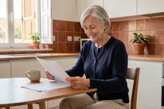 Femme senior autonome consultant des documents d'aide à domicile dans sa cuisine à Nîmes