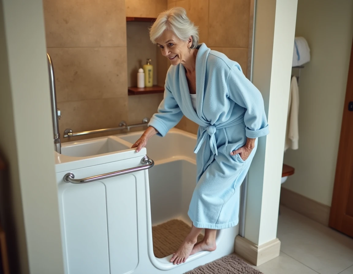 Femme senior utilisant une baignoire à porte avec barres d'appui dans une salle de bain adaptée PMR
