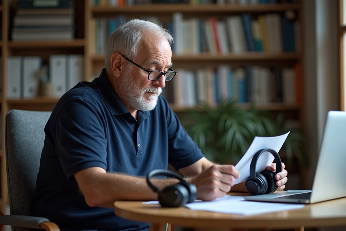 Senior malentendant comparant deux casques TV sans fil à domicile