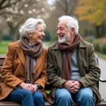 Deux seniors rient dans un parc en printemps