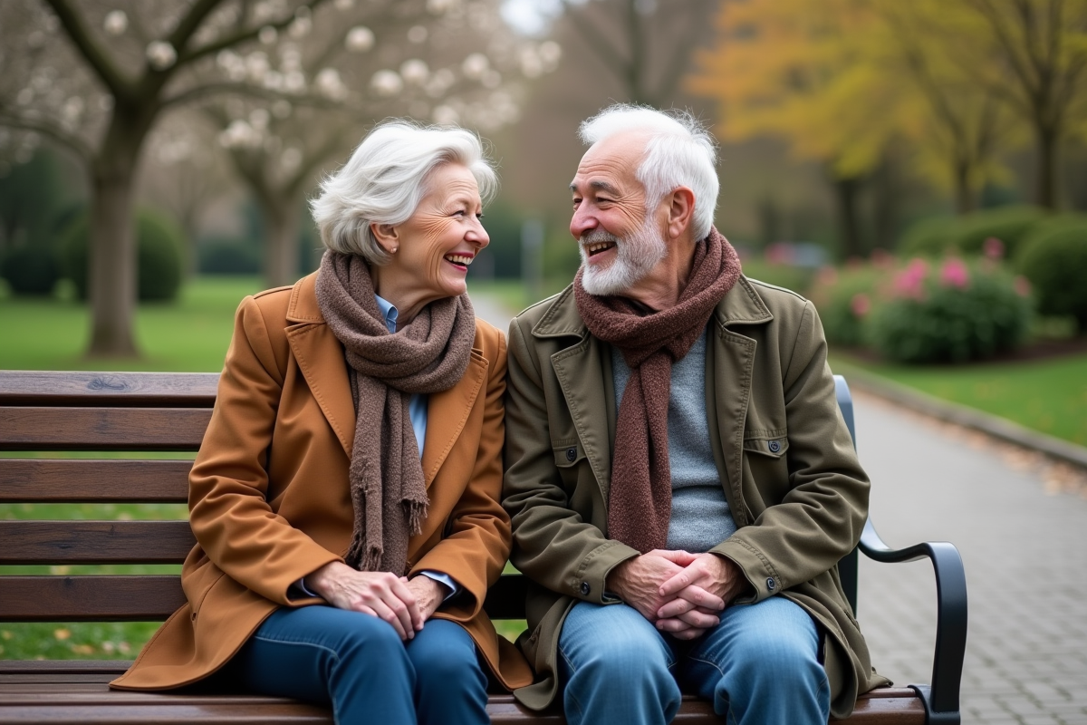 Deux seniors rient dans un parc en printemps