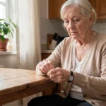 Senior femme examinant un bracelet anti-chute dans sa cuisine, gros plan sur les mains et le bracelet d'alarme