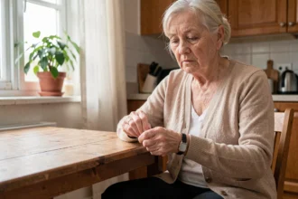 Senior femme examinant un bracelet anti-chute dans sa cuisine, gros plan sur les mains et le bracelet d'alarme