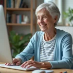 Femme senior souriante travaillant sur un ordinateur à domicile